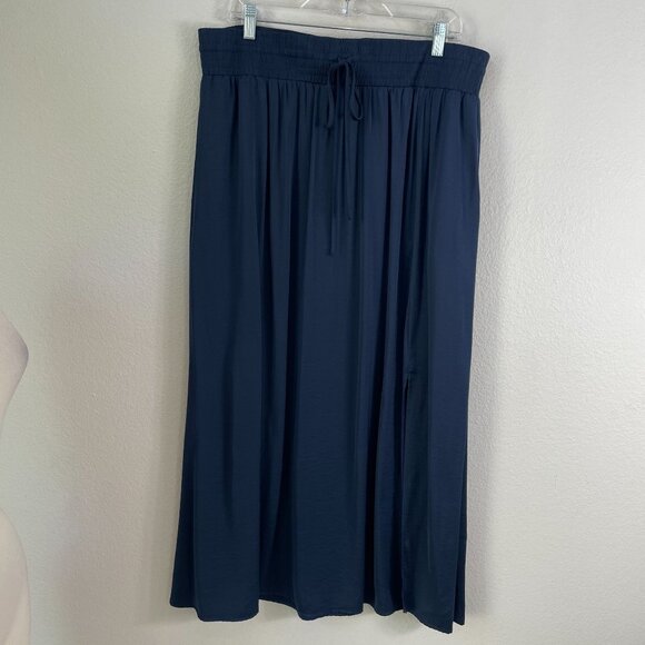 NEW Chicos Womens Large Satin Maxi Skirt Navy Blue Elastic Waist Pull On - Picture 1 of 9